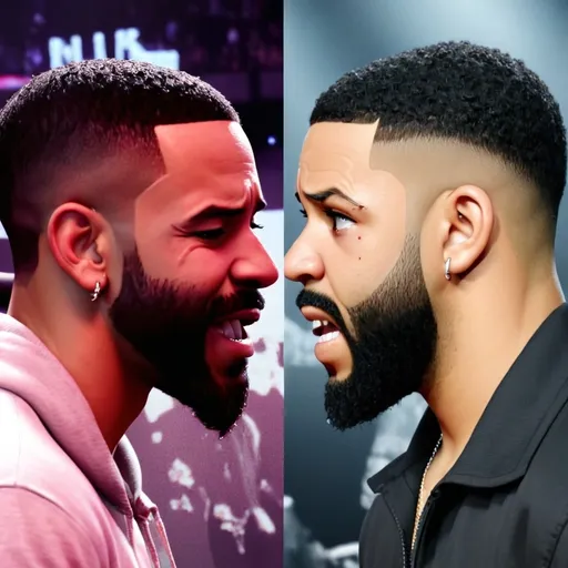 Prompt: Make an image of facing Drake Kendrick make Kendrick look like he is smiling. Make Drake look like he is crying  they face each other face to face   Make it a side by side profile. The picture shows Drake crying. They are not friends. Kendrick looks intimidated and Drake looks afraid. Drake has tears coming from his eyes and in his face. Drake is crying. They are about to have a fight.  They are in an mma fighting ring cage