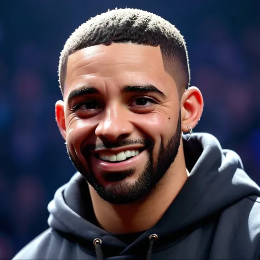 Prompt: Make an image of facing Drake Kendrick make Kendrick look like he is smiling. Make Drake look like he is crying 