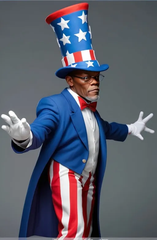 Prompt: Make an image of Samuel jackson wearing a Uncle Sam suit and top hat 
