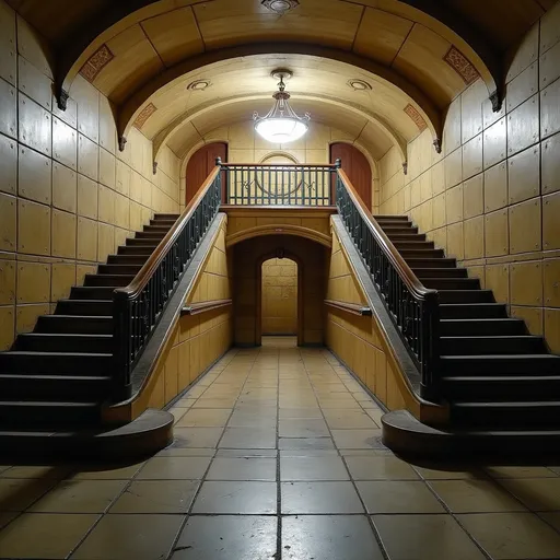 Prompt: An abandoned underground subway lobby that was originally created in the art deco style. it has a large square space that is at the bottom of a large stairway coming from the surface which has a landing like an art deco balcony where there becomes two separate rounded stair cases that comes from each side of the landing  