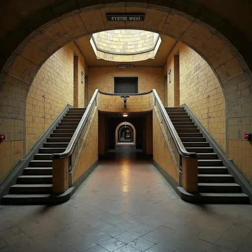Prompt: An abandoned underground subway lobby that was originally created in the art deco style. it has a large square space that is at the bottom of a large stairway coming from the surface which has a landing like an art deco balcony where there becomes two separate rounded stair cases that comes from each side of the landing  the two staircases are curved. At the bottom of the staircases is a large two story square opening with the second level being a wide balcony that overlooks the first floor.  Make the space much larger. Zoom out to show a very large space with many unique art deco style influences in the architecture. 
