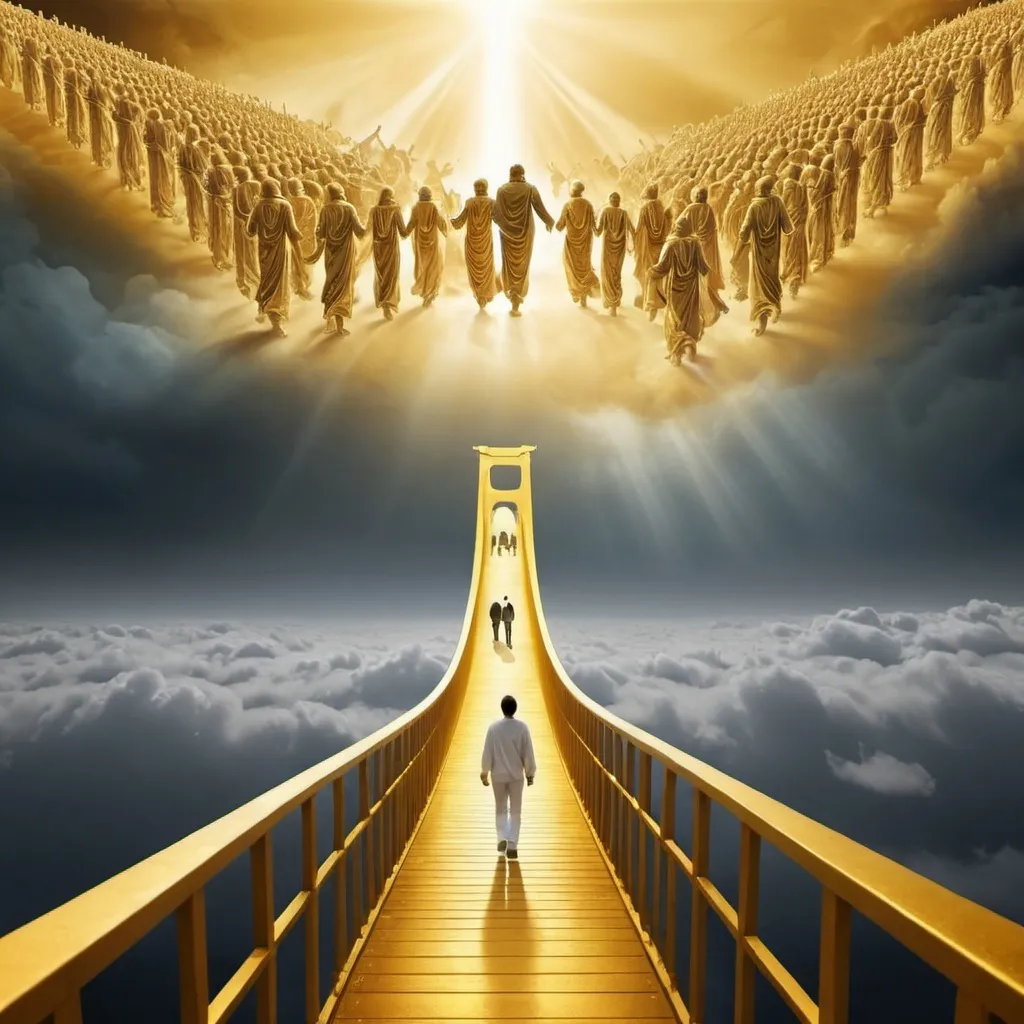 Prompt: create image of last judgment, people walking on golden bridge   to heaven, do not use many colors and make it look like dream with lost of light