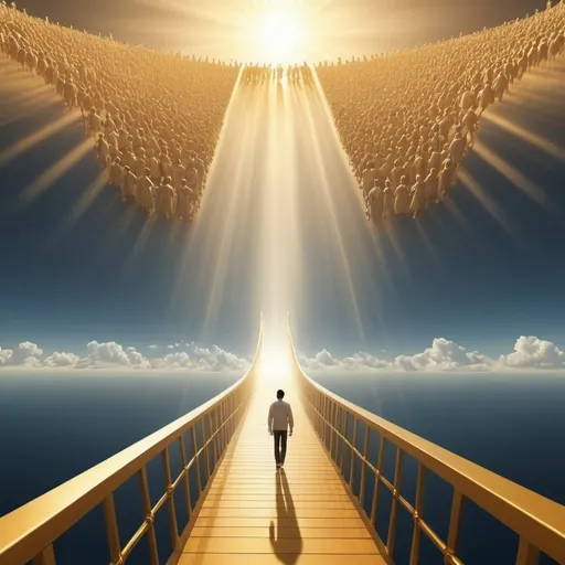 Prompt: generate people walking on the bridge, on the last judgment to heaven. Make it look like dream with lots of blinding light. do not use much colors,  no gold color at all. Make is simple. I need more light blinding like looking into sunset 