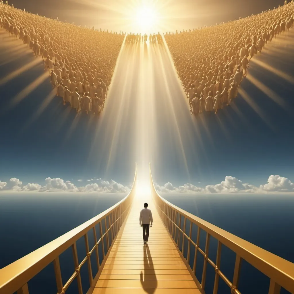 Prompt: generate people walking on the bridge, on the last judgment to heaven. Make it look like dream with lots of blinding light. do not use much colors,  no gold color at all. Make is simple. I need more light blinding like looking into sunset 