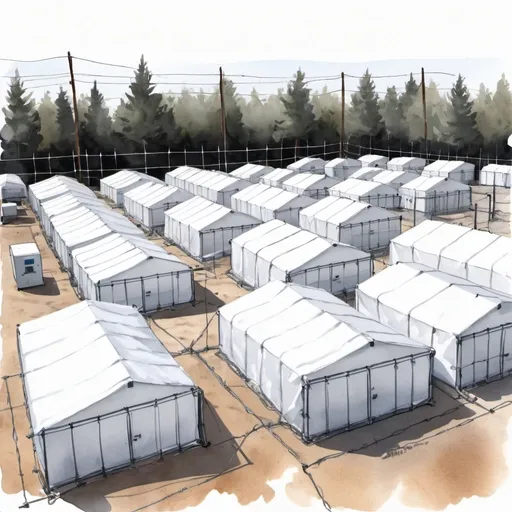 Prompt: digital art, watercolor and ink drawing of an outdoor storage yard containing
power generators that are each wrapped in a white plastic tarp. There is a barbed wire fence around the yard and security cameras 

