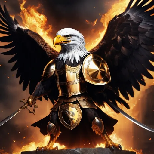 Prompt: (Eagle swooping in on shield), Fire of Holy Spirit, sword and helmet coat of arms, black and gold colors, dramatic lighting, intense and radiant colors, dark and fiery background, ultra-detailed, 4K, majestic and powerful atmosphere, (heroic scene), high dynamic range, epic composition, intricate design elements and textures, mood of valiant glory