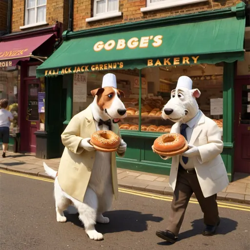 Prompt: Two rabbis walking jack russellterriers in golders green london, hot summer day, shops seen are a bagel bakery, a falafel restaurant and Israeli flags