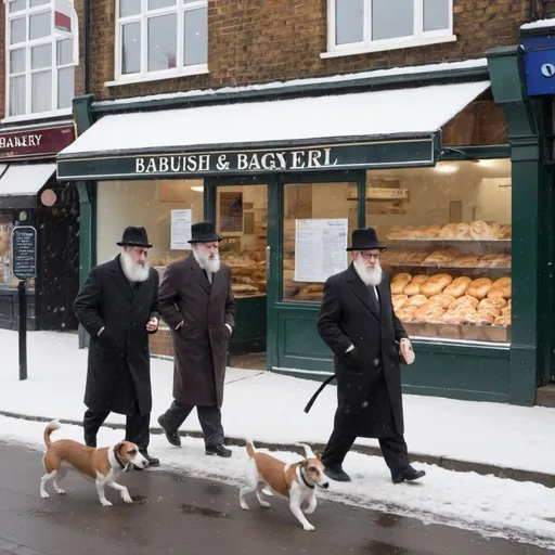Prompt: Golders green in winter snow, two rabbis walking parson russel terriers whiliust stopping outside a famous bagel bakery