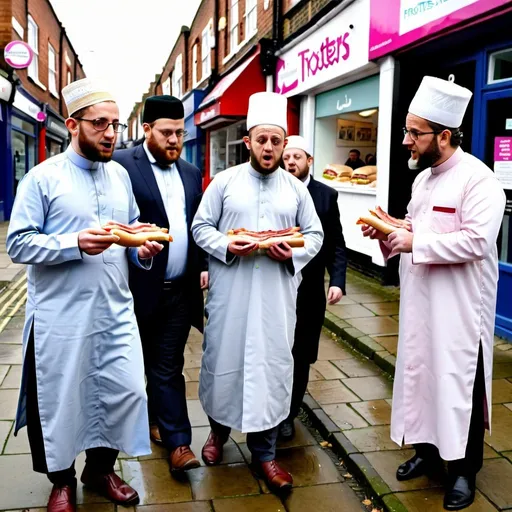 Prompt: create an image of 2 imams eating bacon sandwiches as a pig walks past on all 4 trotters looking nervous