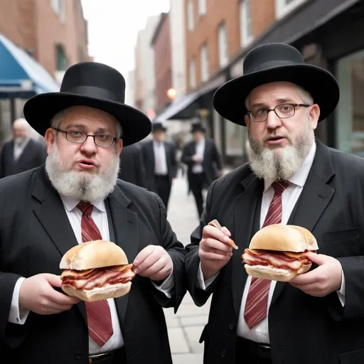 Prompt: create an image of 2 rabbis eating bacon sandwiches as a pig walks past looking nervous