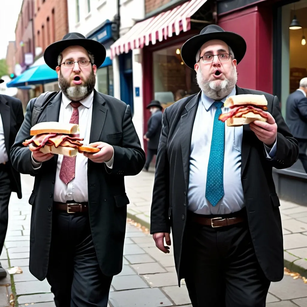 Prompt: create an image of 2 rabbis eating bacon sandwiches as a pig walks past looking nervous