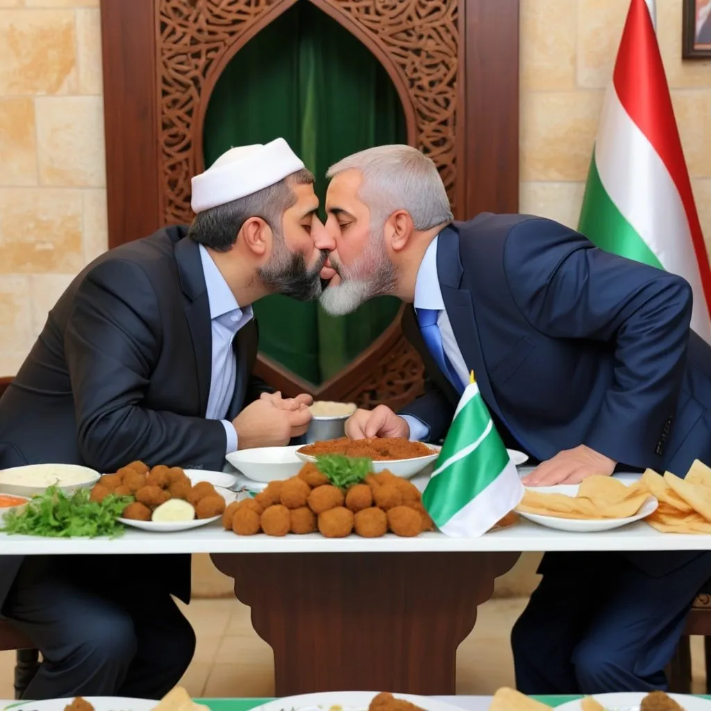Prompt: The leader of hamas and the leader of Israel kissing . a table is seen and on it various middle east foods like falafel, pita, hummous, etc