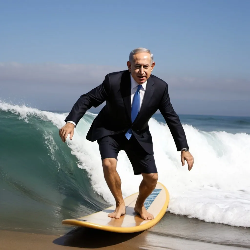 Prompt: a surreal image fusing benjamin netanyahu and surfing attire with waves and boards , Californian-style