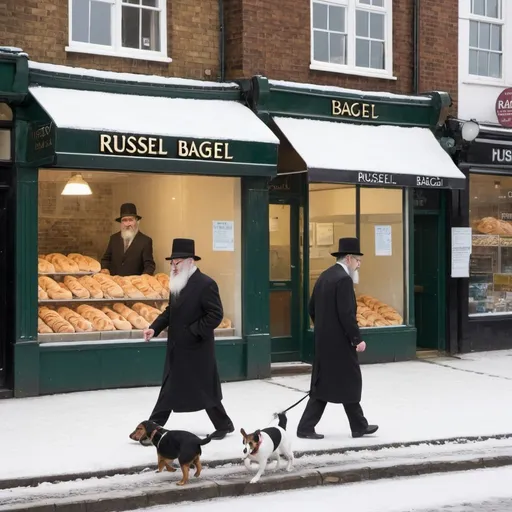 Prompt: Golders green in winter snow, two rabbis walking parson russel terriers whiliust stopping outside a famous bagel bakery
