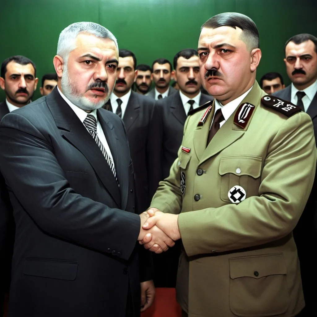 Prompt: a surreal image Ismail Haniyeh the leader of palistinian hamas with adolf hitler