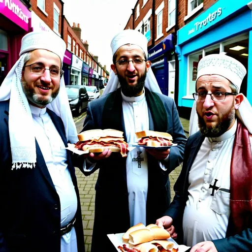 Prompt: create an image of 2 imams eating bacon sandwiches as a pig walks past on all 4 trotters looking nervous