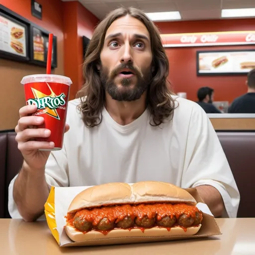 Prompt: Biblical jesus Christ eating Subway sandwich meatball marinara , in a fast food restaurant with a bag of Doritos and a diet coke 