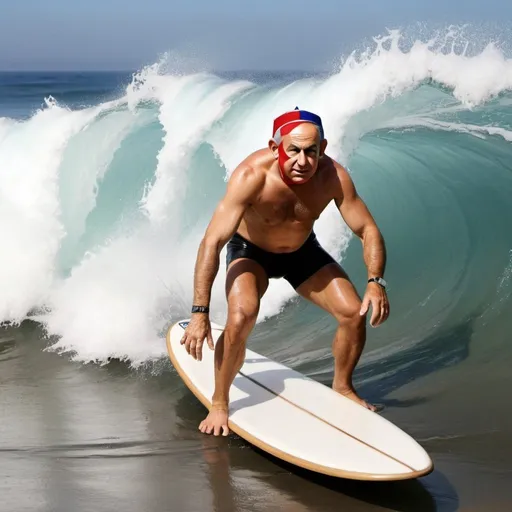 Prompt: a surreal image fusing benjamin netanyahu and surfing attire with waves and boards , Californian-style