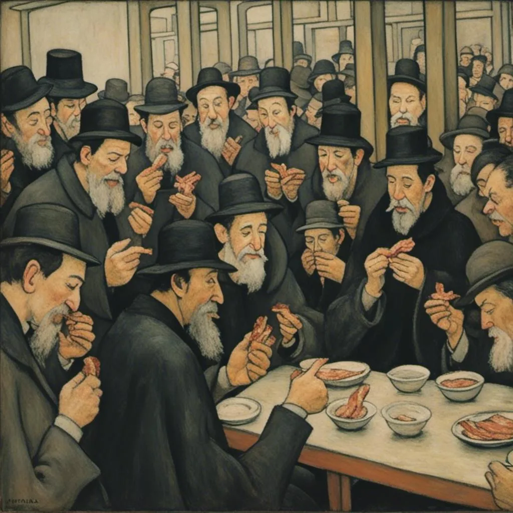 Prompt: <mymodel> rabbis eating bacon 