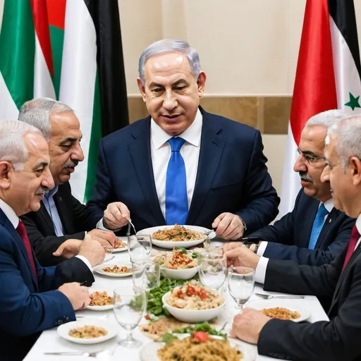 Prompt: create an image of benjamin netanyahu, pm of israel, dining with Palestinian leaders . On the table is shown hummous, pita and the flags of both nations fly in the background. 