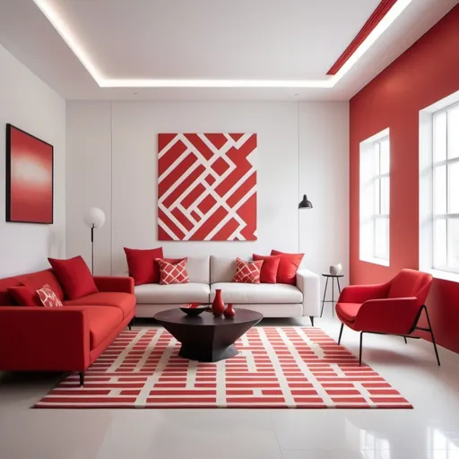 Prompt: Please create living room design with red and white color walls. i just want walls design so please do not add any accessories in living room design. just empty living room