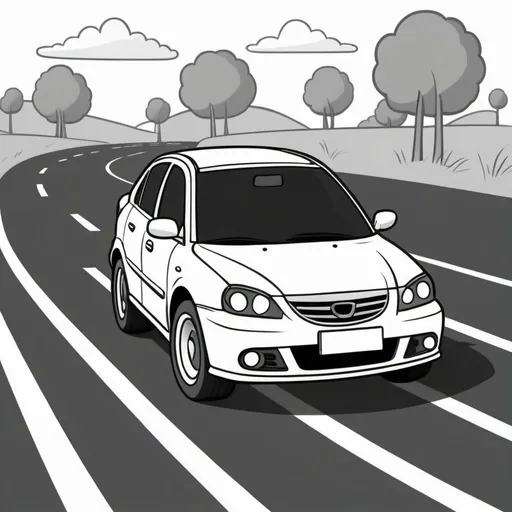 Prompt: car on the road, cartoon style, no shadow, thick line, white and black