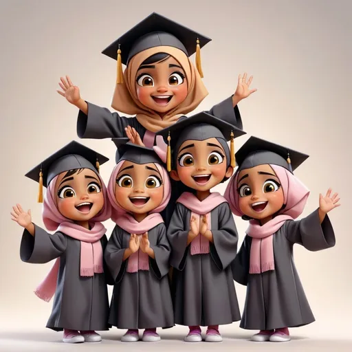 Prompt: a group of girl children 5-6 years old wearing hijab cover the chest in graduation caps and gowns with their hands up in the air and smiling at the camera, Anthony Devas, bengal school of art, cute and funny, a storybook illustration. plain background and full body 