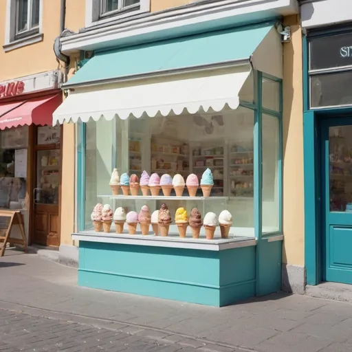 Prompt: Icecream glass in shop with street view