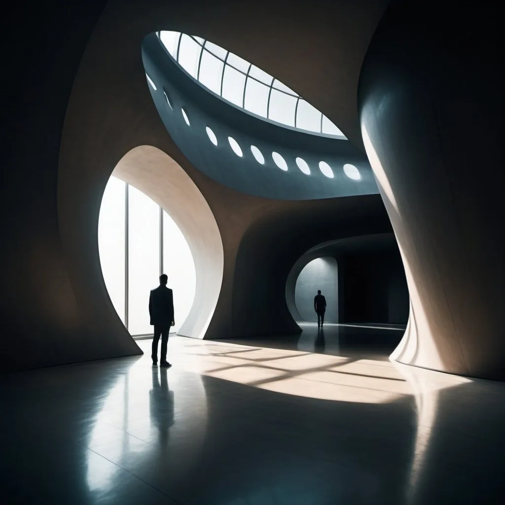 Prompt: vertical Art Photo realistic, 2480 x 3508 pixel ,Interior of Neo-Futurism curving forms architectural style  , extreme long shot, don't see people but see shadows. shadow of man in the distance,  Deep focus frame ,  low key and high contrast Light, Mysterious mood, film Kodak look