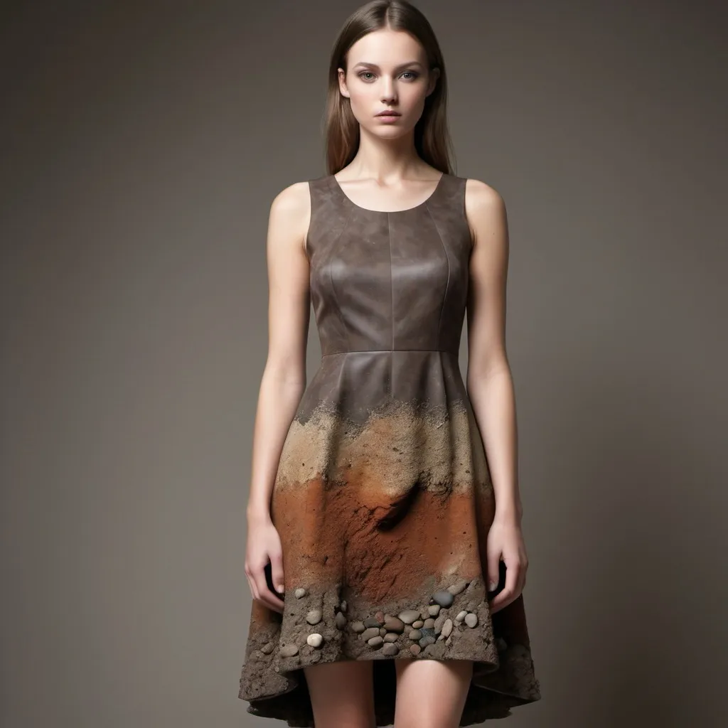 Prompt: A Modern dress reflecting the theme of soil and stone elements, photo