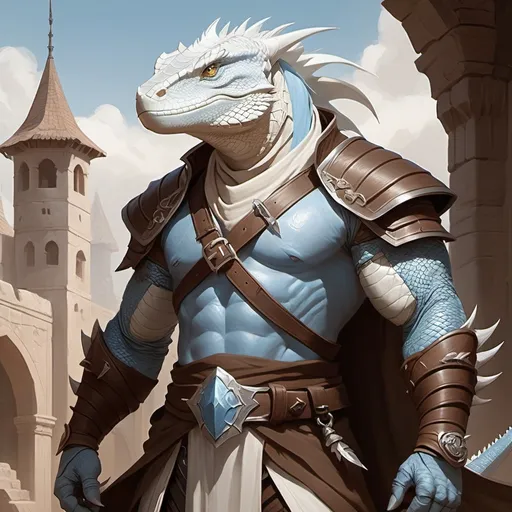Prompt: a pale white lizardman warrior, with pale white scales, pale blue eyes, with baggy brown clothes. epic fantasy style, concept art, matte color, Art of Brom, fantasy art, epic fantasy character art, concept art