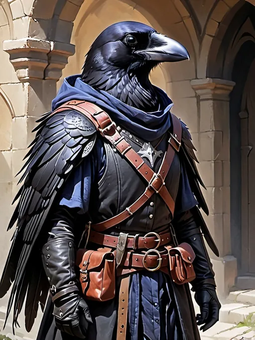 Prompt: crow wearing a medieval backpack, sash wrapped around neck, 2/3rds rule, epic fantasy style, concept art, matte color, Art of Brom, fantasy art, epic fantasy character art, concept art
