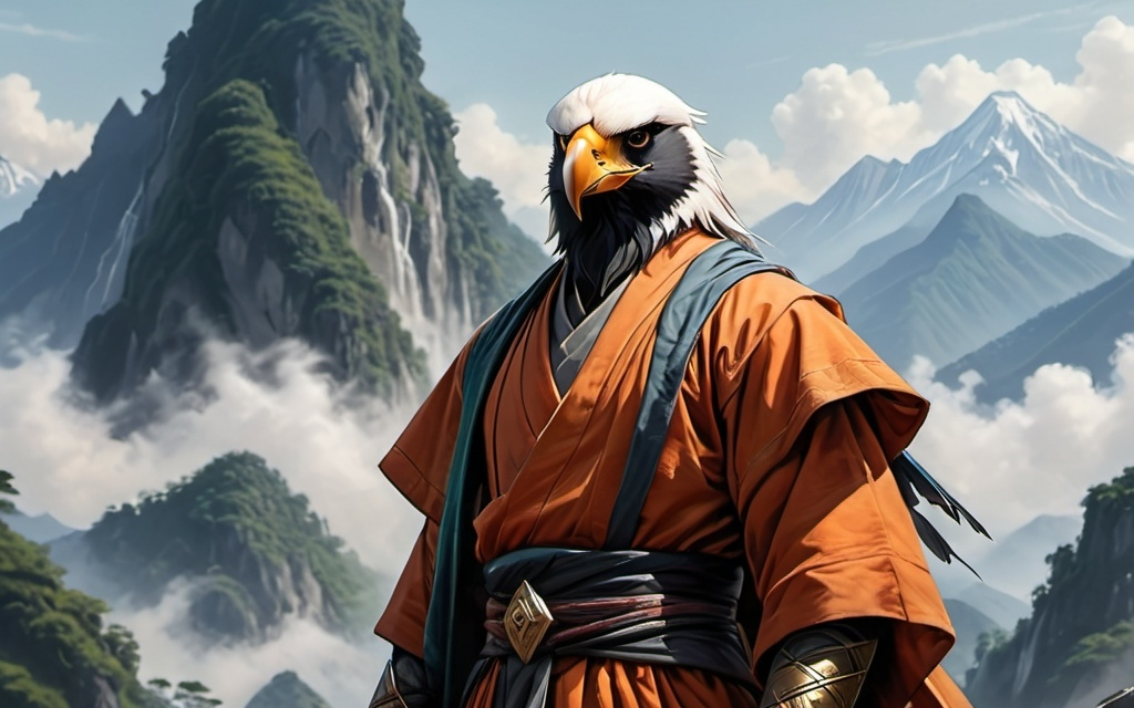 Prompt: mountain in the background i, with a blurry sky in the background, Edi Rama, sumatraism, male, Humanoid bird person, warrior, monk, robes, d&d realistic drawing, 2/3rds rule, epic fantasy style, concept art, matte color, Art of Brom, fantasy art, epic fantasy character art, concept art
