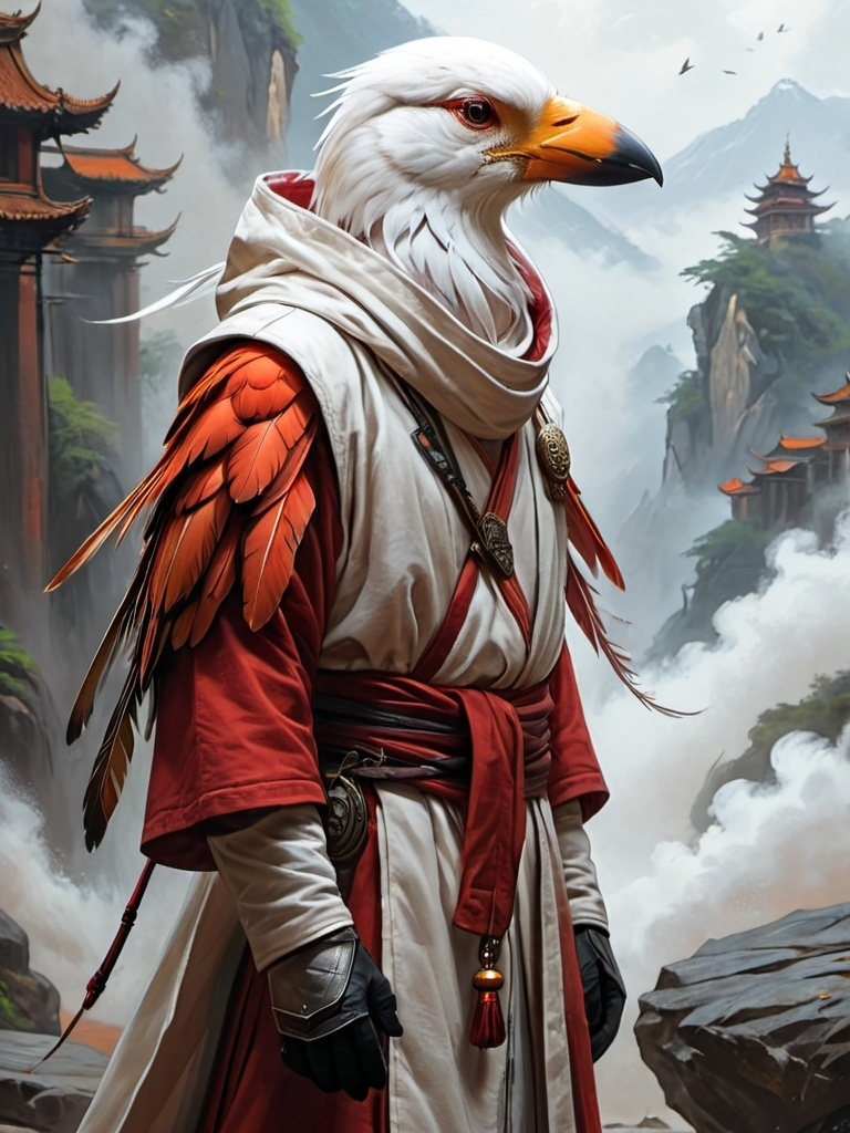 Prompt: Humanoid bird person, white head, red feathers, cleric, monk, Buddhist monk, robe hood, robes, d&d realistic drawing, 2/3rds rule, epic fantasy style, concept art, matte color, Art of Brom, fantasy art, epic fantasy character art, concept art
