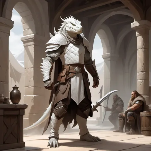 Prompt: a pale white lizardman warrior, with pale white scales, grey, with baggy brown clothes. epic fantasy style, concept art, matte color, standing in front of Viking interior, Art of Brom, fantasy art, epic fantasy character art, concept art