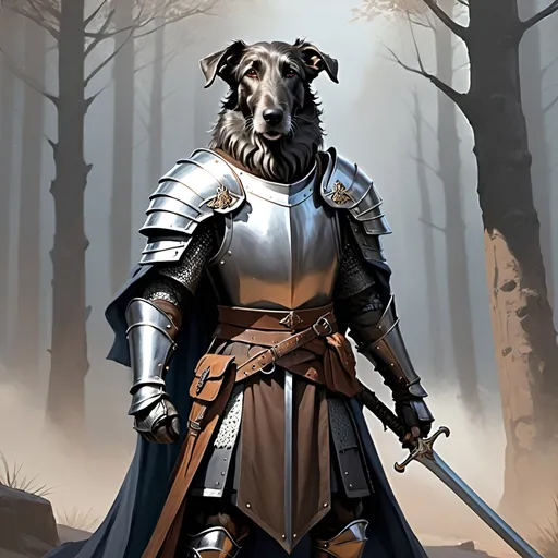 Prompt: dog-man warrior, Scottish deerhound, wearing knights armor, with baggy brown clothes, standing proud, sword in hand. epic fantasy style, concept art, matte color, Art of Brom, fantasy art, epic fantasy character art, concept art