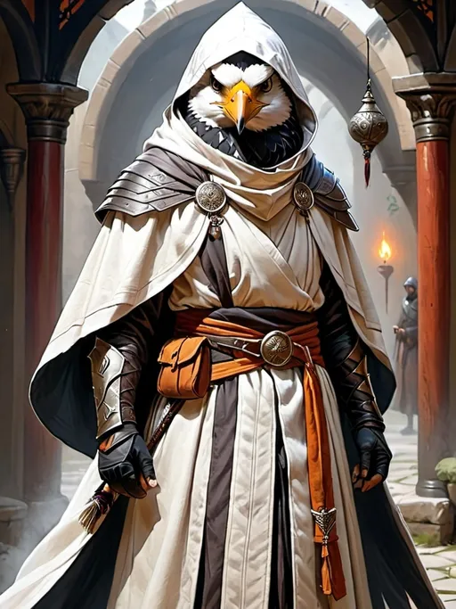 Prompt: Humanoid bird person, warrior, monk, robe hood, robes, d&d realistic drawing, 2/3rds rule, epic fantasy style, concept art, matte color, Art of Brom, fantasy art, epic fantasy character art, concept art
