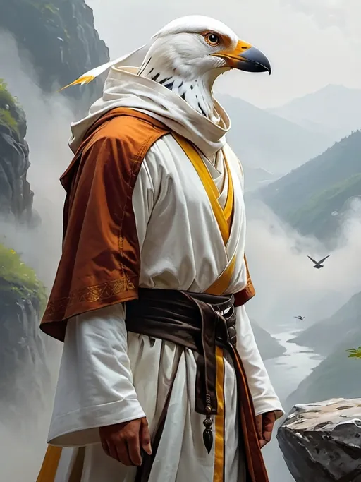 Prompt: Humanoid bird person cleric monk robe hood d&d realistic drawing 
