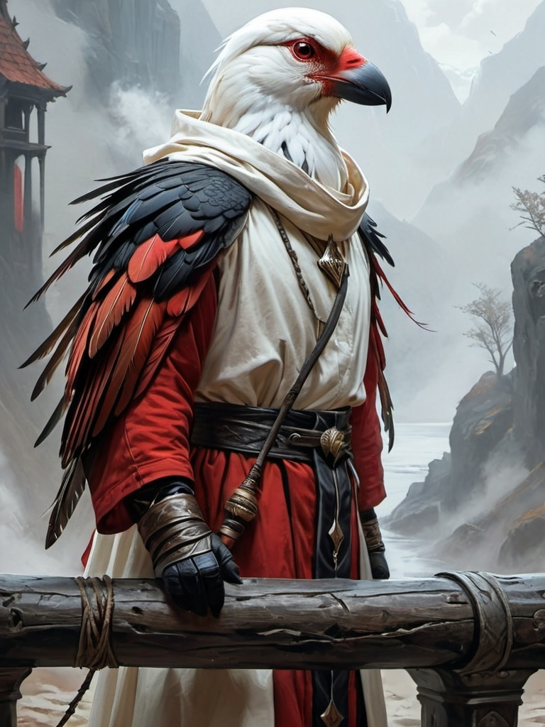 Prompt: Humanoid bird person, white head, red feathers, cleric, monk, robe hood, robes, d&d realistic drawing, 2/3rds rule, epic fantasy style, concept art, matte color, Art of Brom, fantasy art, epic fantasy character art, concept art
