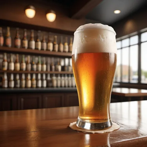 Prompt: create a photo realistic image of a well-poured beer on a bar in an upscale restaurant during the daytime with plenty of natural light