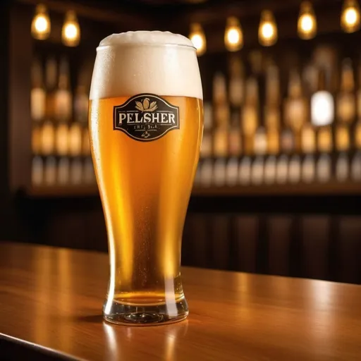 Prompt: Properly poured beer in a Pilsner glass, contemporary wood bar, stylish restaurant, high quality, realistic, modern, warm lighting, detailed foam, refreshing golden color, professional photography, elegant presentation. 