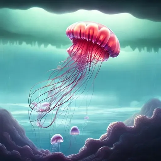 Prompt: Massive, floating jellyfish in the clouds of another world.