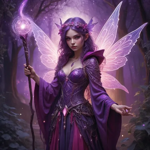 Prompt: a fairy warlock with a staff in purple and pink tones