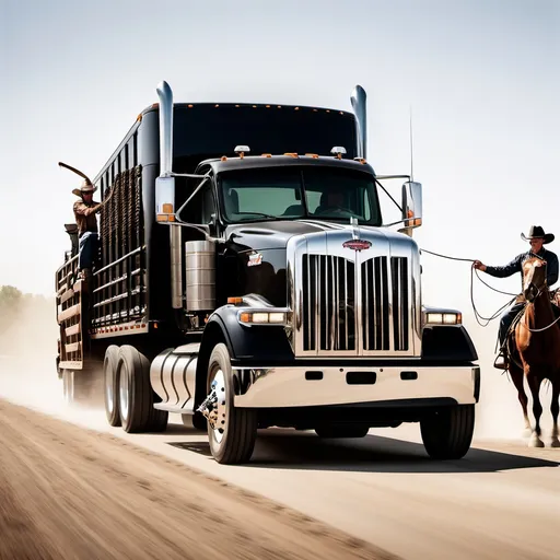 Prompt: a black peterbuilt truck with trailer and a cowboy on a horse riding beside the truck at speed holding a lasso