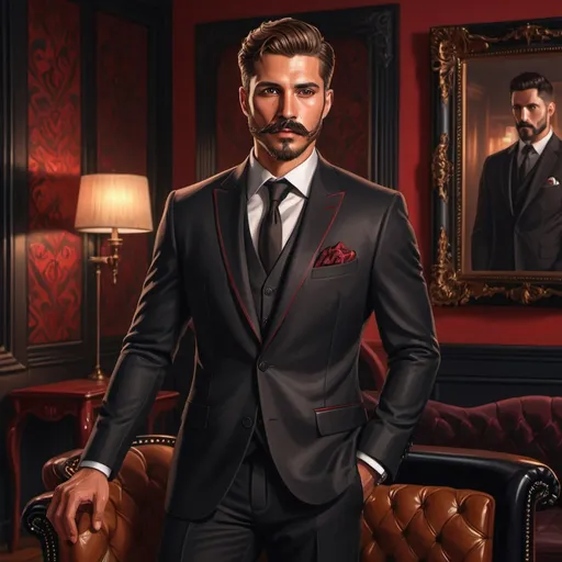 Prompt: Very handsome man wearing a luxury black suit with tan skin light brown short hair a beard and mustache, dark brown eyes, a black and red themed room, Black furniture, digital painting, highly detailed, intricate