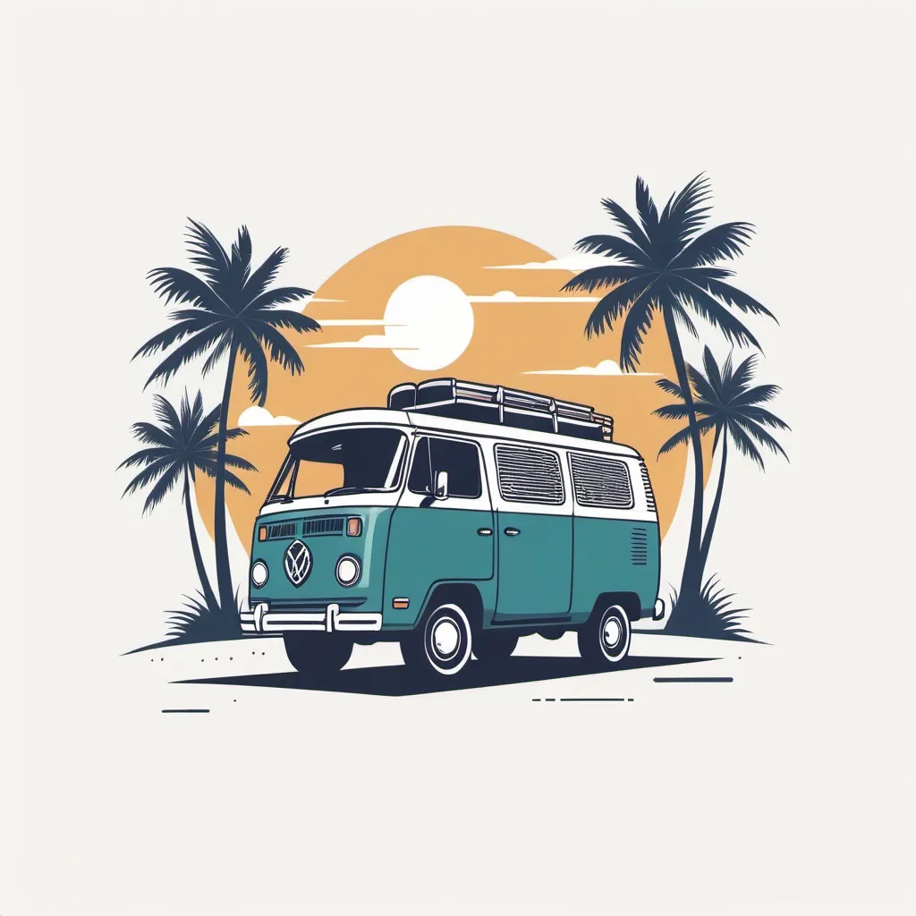 Prompt: Illustrated T-shirt design of flat vintage van with palm trees, vector, solid white background, simple color palette