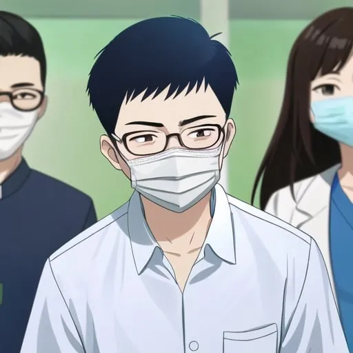 Prompt: an asian guys with pointed head,glasses,and mask