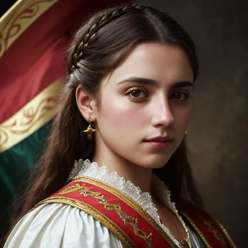 Prompt: Spanish vilian ,16th century conquistador, spanish flag, oil painting, UHD, 8k, Very detailed, very beaitiful girl, cinematic, realistic, photoreal, trending on artstation, sharp focus, studio photo, intricate details