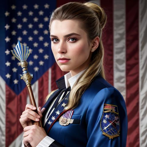 Prompt: United States villian, dressed with US flag, a scepter in his hand, oil painting, UHD, 8k, Very detailed, very beaitiful girl, cinematic, realistic, photoreal, trending on artstation, sharp focus, studio photo, intricate details