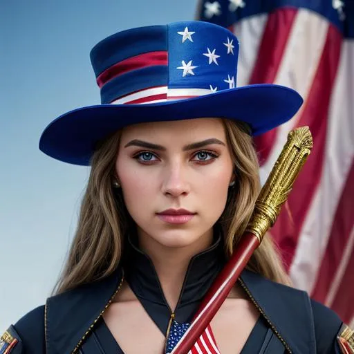 Prompt: United States villian, dressed with US flag, a scepter in his hand, oil painting, UHD, 8k, Very detailed, very beaitiful girl, cinematic, realistic, photoreal, trending on artstation, sharp focus, studio photo, intricate details